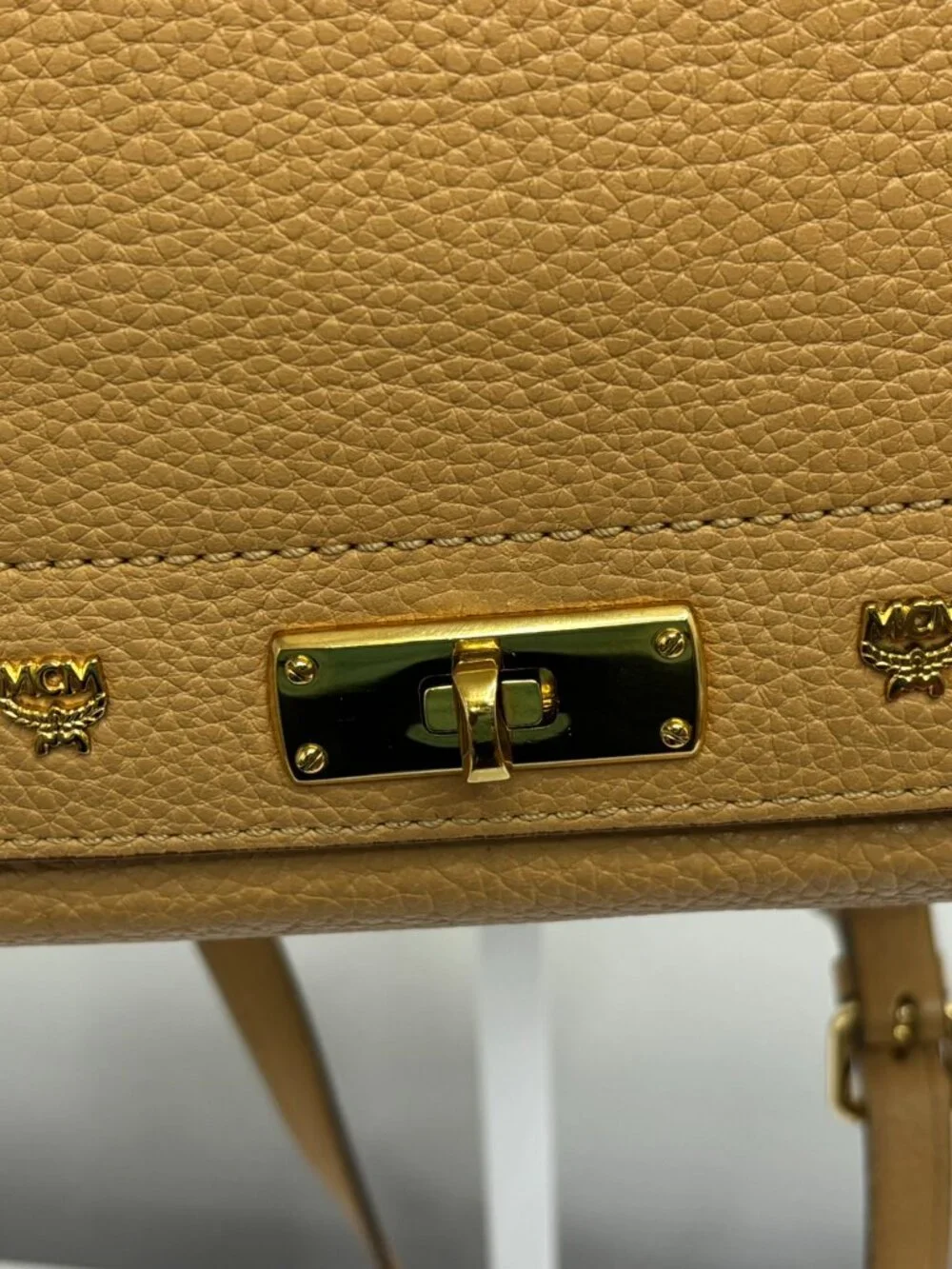 MCM Tan Pebbled Leather First Lady Flap Satchel Bag